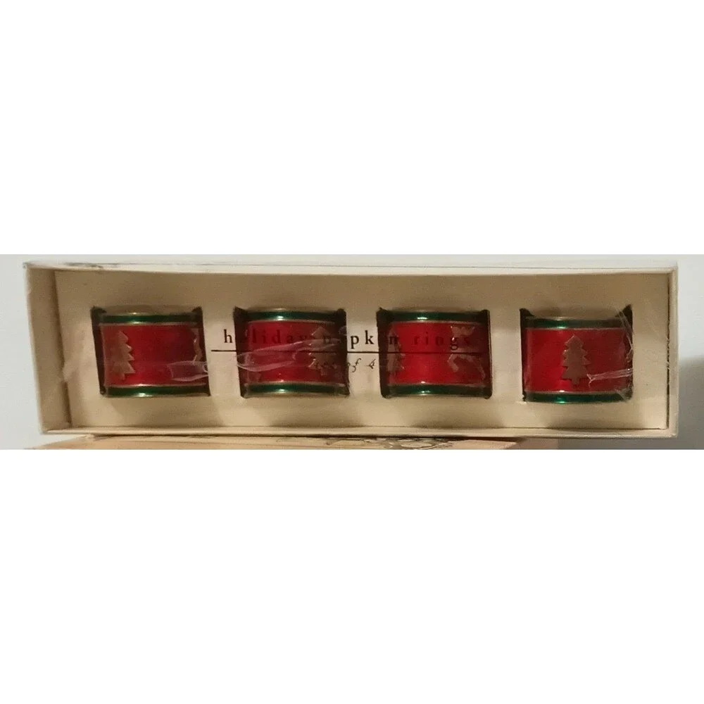 Brass Holiday Napkin Rings Pier 1 Imports SET 8 VTG Reindeer Christmas Tree